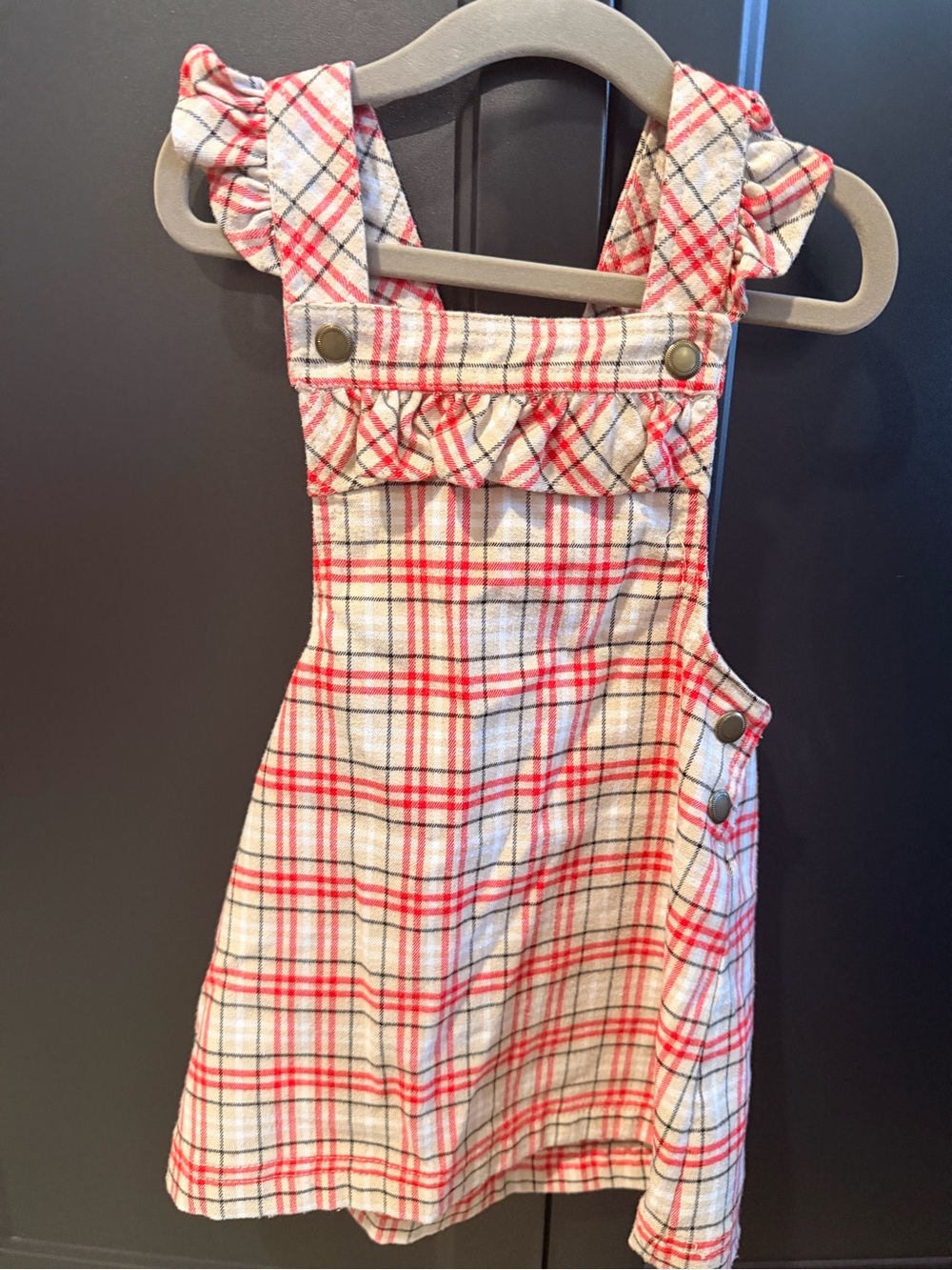 Max Studio Red & Cream Plaid Ruffle Strap Overall Dress